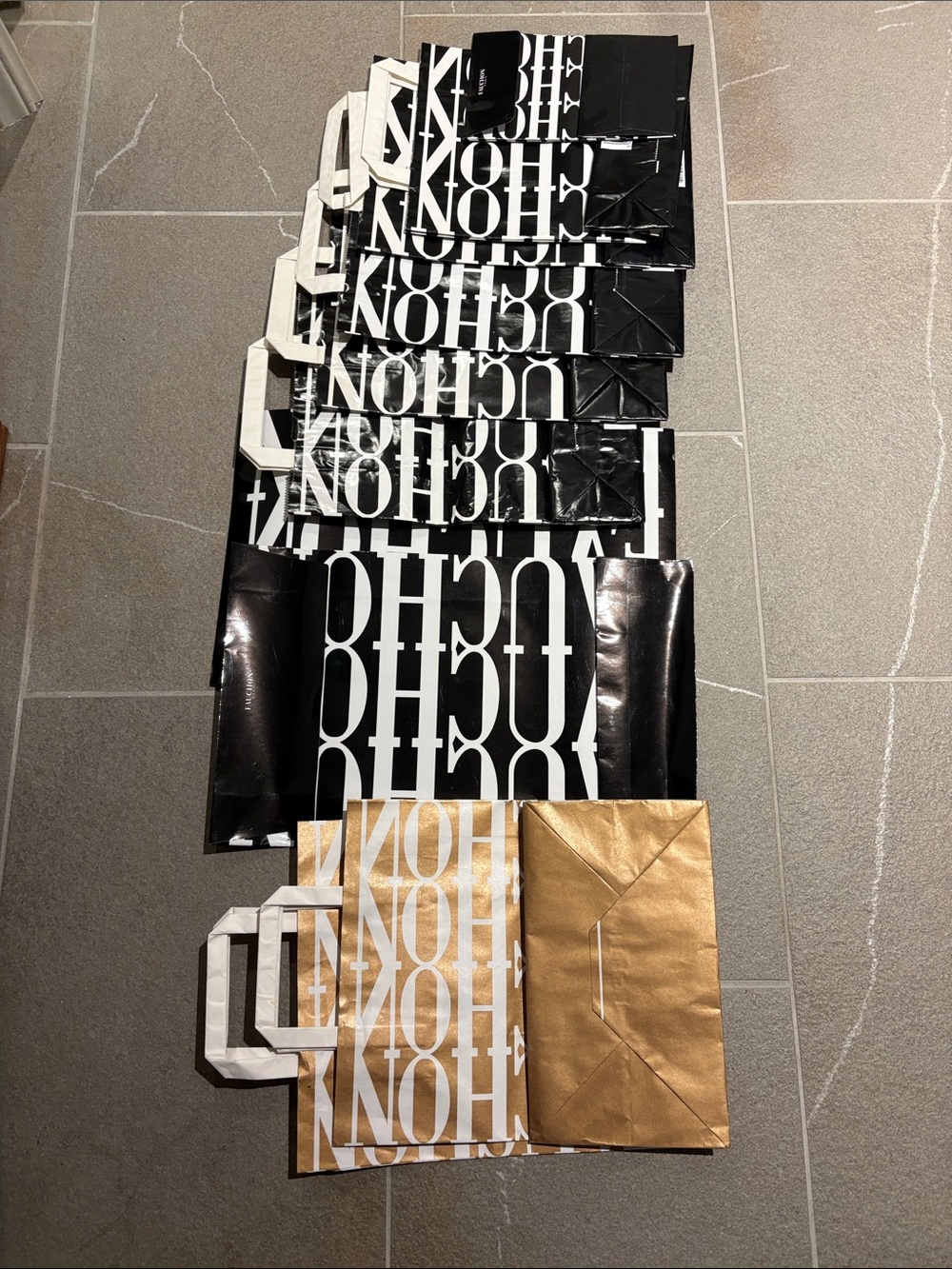 Iconic FAUCHON Bags from Paris, White & Gold Gift Bags with Bold Lettering.